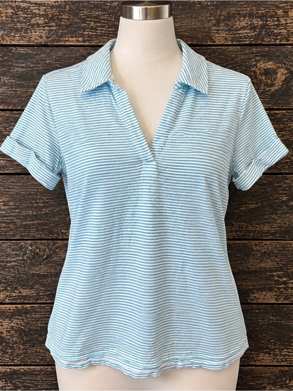 Talbots Women’s Collared Neck Slit Blue 100% Cotton Short Sleeve Top Size Small